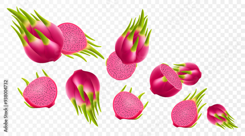 Flying ripe red dragon fruit. Bright background falling juicy fruit pitahaya, realistic illustration with blurred effect. 3d vector design for advertising banners and web page design