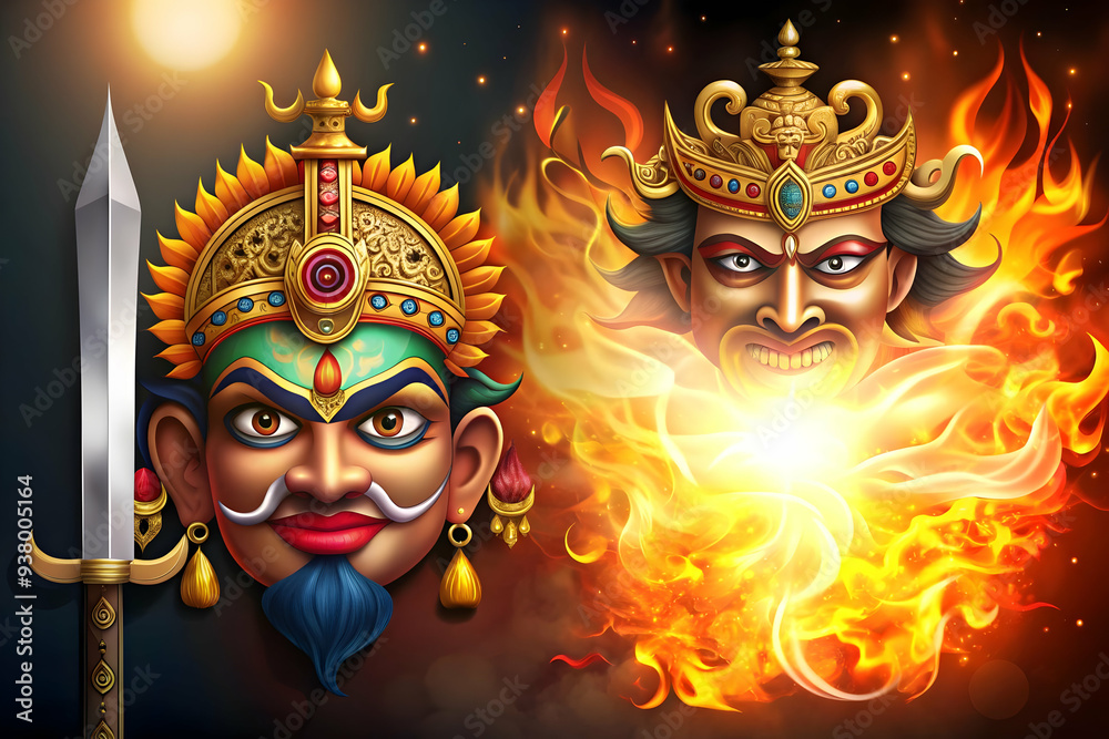 Ravana Mask and Flaming Sword Frame concept as Horizontal frame with a Ravana mask on one side and a flaming sword on the other creating an intense and dramatic Dussehra themed copy space with a focus Ravana Mask and Flaming Sword Frame concept as Horizontal frame with a Ravana mask on one side and a flaming sword on the other creating an intense and dramatic Dussehra themed copy space with a focus