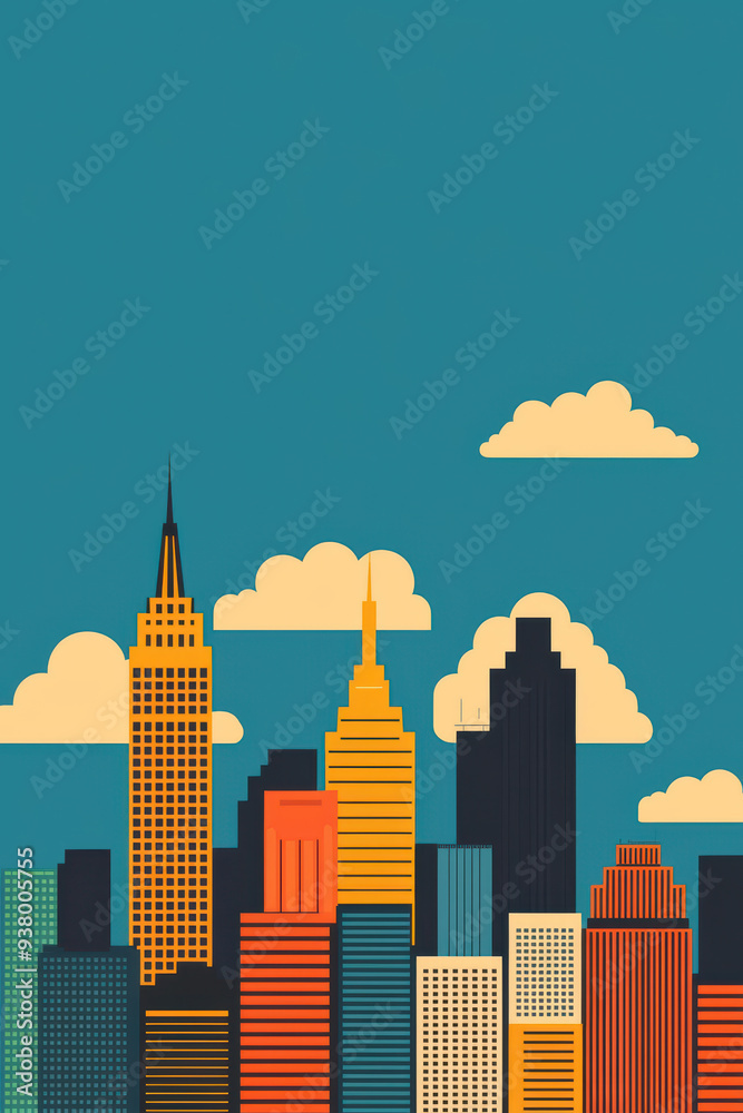 Obraz premium Colorful skyline illustration featuring iconic skyscrapers and a bright blue sky with clouds, perfect for urban design projects.