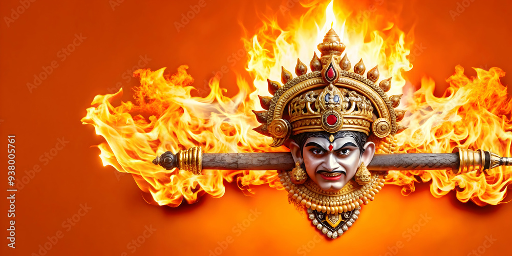 Ravanas Weapon and Fire concept as Vector illustration of Ravanas weapon surrounded by fire isolated on a white background symbolizing destruction and power during Dussehra with vibrant and intense co Ravanas Weapon and Fire concept as Vector illustration of Ravanas weapon surrounded by fire isolated on a white background symbolizing destruction and power during Dussehra with vibrant and intense co