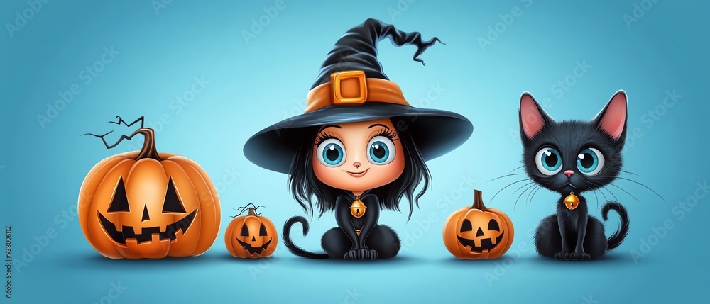A cute Halloween scene featuring a witch, black cat, and carved pumpkins against a vibrant blue background. A cute Halloween scene featuring a witch, black cat, and carved pumpkins against a vibrant blue background.