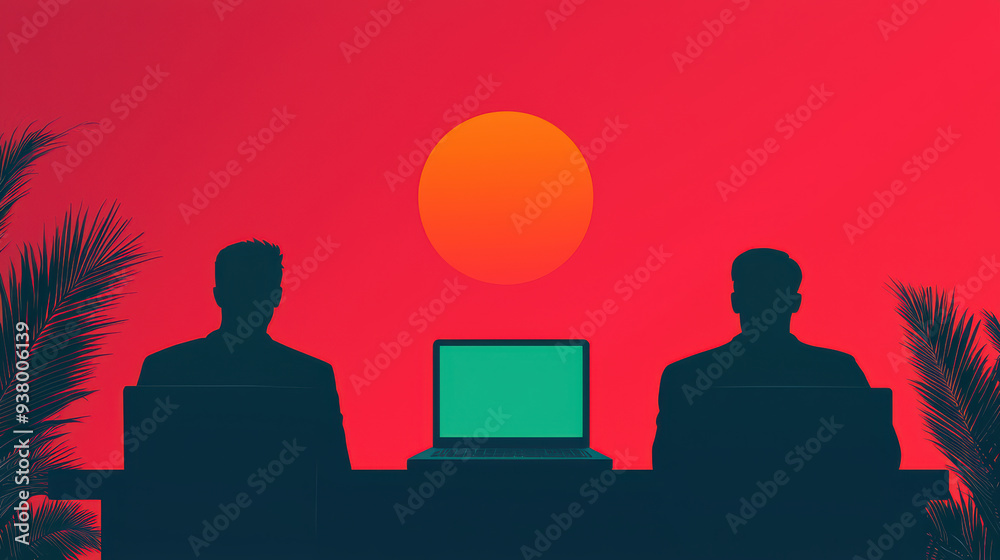 Silhouetted professionals working at a laptop against a vibrant sunset backdrop, blending nature and technology in harmony. Silhouetted professionals working at a laptop against a vibrant sunset backdrop, blending nature and technology in harmony.