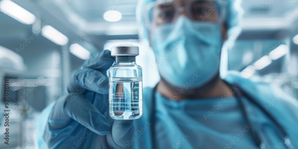 A knowledgeable medical expert is showcasing a vial of vaccine in a meticulously sterile laboratory setting A knowledgeable medical expert is showcasing a vial of vaccine in a meticulously sterile laboratory setting