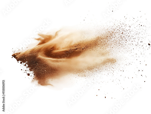 Abstract Brown Powder Explosion, Dynamic Dust Burst, Creative Particle Splash, Artistic Brownish Cloud, Isolated on White photo