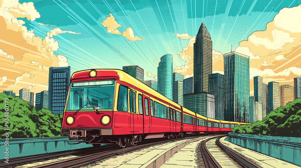 Naklejka premium Pop art concept train that provides transportation within the city. City background in pop art retro comic style.