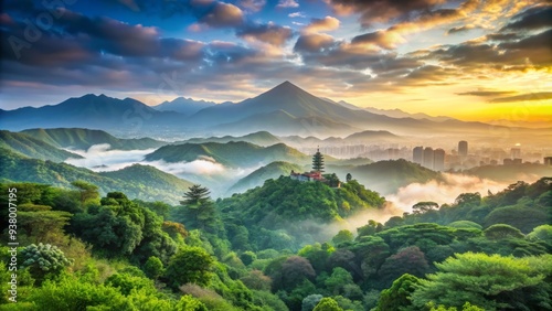 Serene morning landscape of Yangmingshan Park in Taipei, Taiwan, featuring lush green forests, misty atmosphere, and majestic mountains rising in the distant background. photo