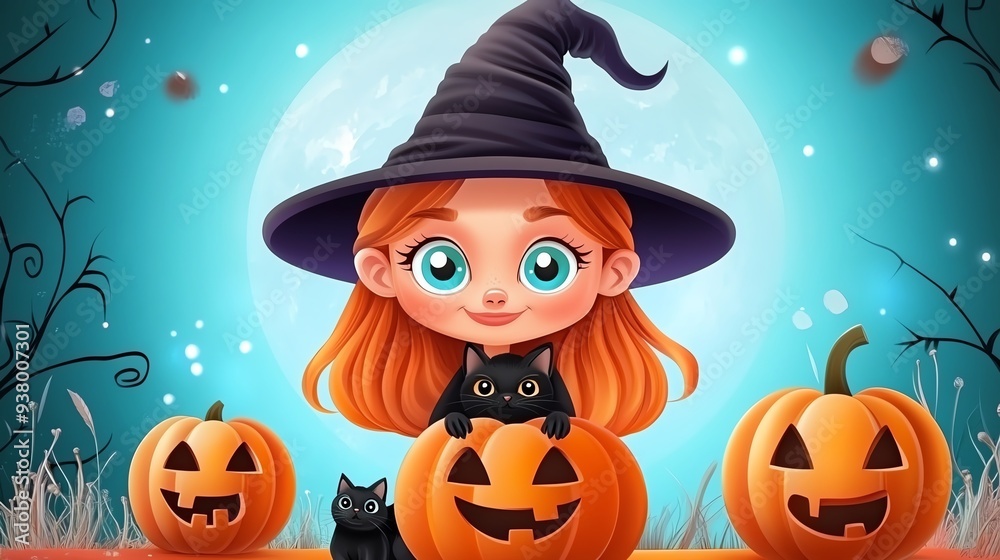 A cheerful witch with a black cat, surrounded by carved pumpkins on a bright, magical Halloween night. A cheerful witch with a black cat, surrounded by carved pumpkins on a bright, magical Halloween night.