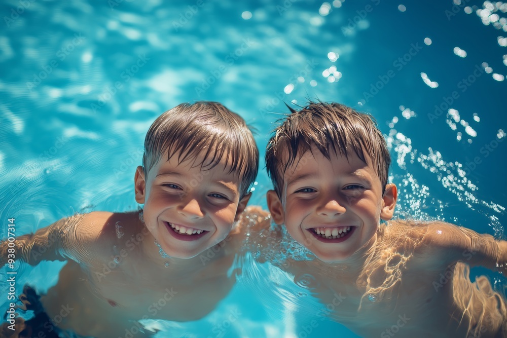 Two happy boys, aged eight and five, joyfully swimming in a pool on a sunny summer day Two happy boys, aged eight and five, joyfully swimming in a pool on a sunny summer day