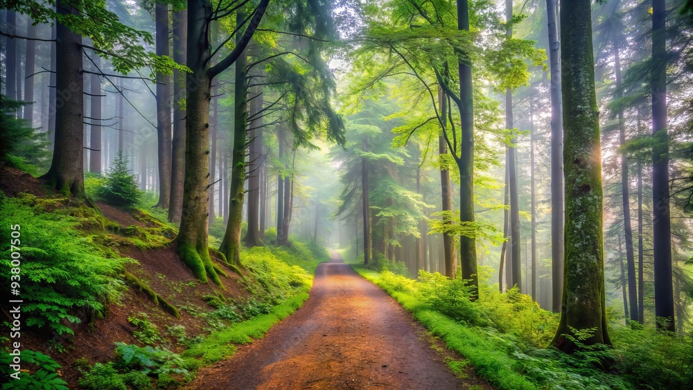 Fototapeta premium Serene morning scene of a misty forest trail surrounded by lush green trees, ideal for hiking, jogging, or cycling on a calm outdoor adventure.