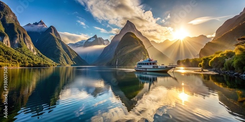 Serene morning scene of a tourist boat navigating Harrison Cove in Milford Sound, Fiordland, New Zealand, with majestic mountains towering above and sun-kissed peaks. photo