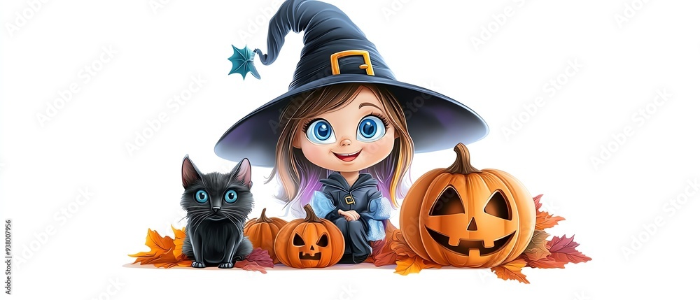 A cheerful witch with a black cat and pumpkins, perfect for Halloween themes and festive designs. A cheerful witch with a black cat and pumpkins, perfect for Halloween themes and festive designs.