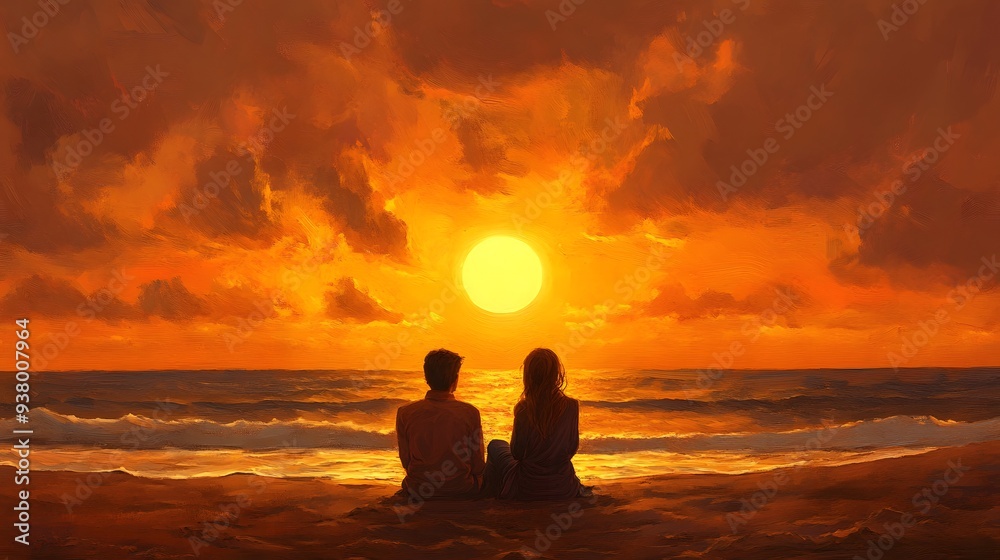 Couple Watching Sunset on Beach: A couple sitting on the sand, watching the sunset over the ocean.
Couple Watching Sunset on Beach: A couple sitting on the sand, watching the sunset over the ocean.