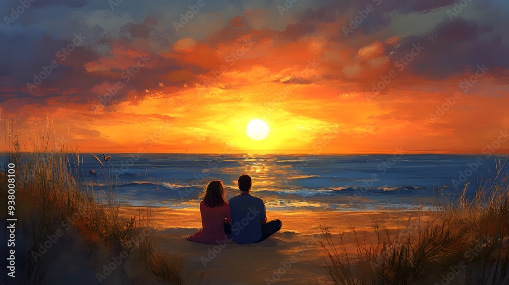 Couple Watching Sunset on Beach: A couple sitting on the sand, watching the sunset over the ocean.
Couple Watching Sunset on Beach: A couple sitting on the sand, watching the sunset over the ocean.