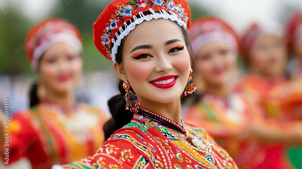 Fototapeta premium A vibrant cultural celebration featuring a smiling dancer in traditional attire, showcasing rich colors and joyful expressions.