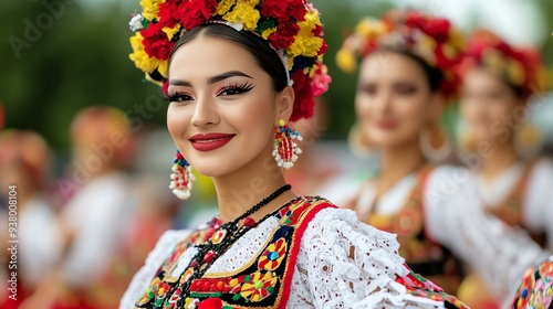 A vibrant celebration of tradition with a smiling woman in colorful attire, adorned with floral headpiece and intricate jewelry.