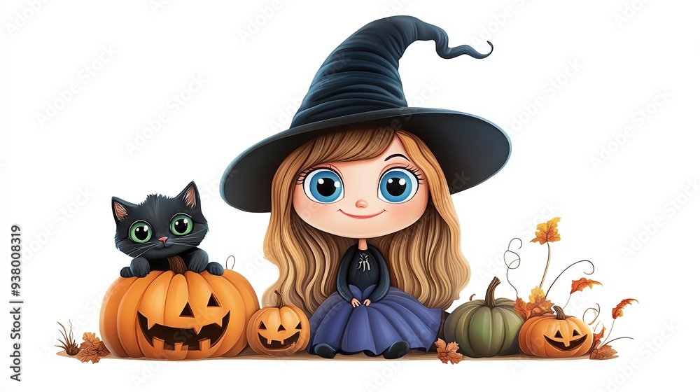 Cute witch girl with a black cat and pumpkins, perfect for Halloween-themed designs and decorations. Cute witch girl with a black cat and pumpkins, perfect for Halloween-themed designs and decorations.