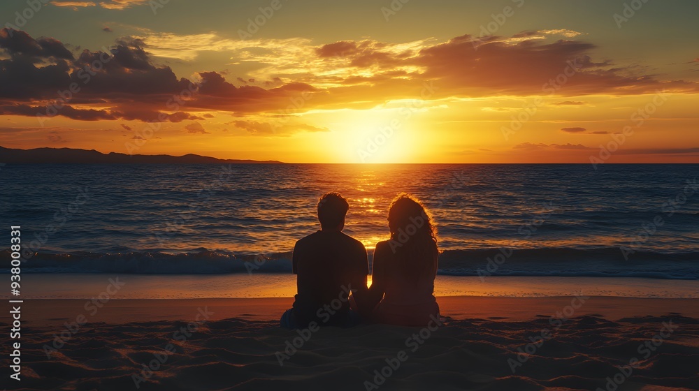 Couple Watching Sunset on Beach: A couple sitting on the sand, watching the sunset over the ocean.
Couple Watching Sunset on Beach: A couple sitting on the sand, watching the sunset over the ocean.