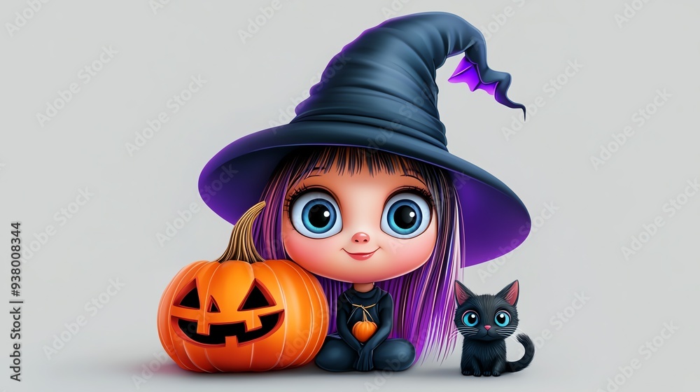 Adorable witch character with pumpkin and black cat, perfect for Halloween-themed designs and children's illustrations. Adorable witch character with pumpkin and black cat, perfect for Halloween-themed designs and children's illustrations.