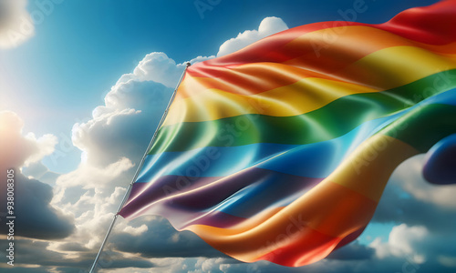 Wehende Regenbogenfahne mit blauem Himmel