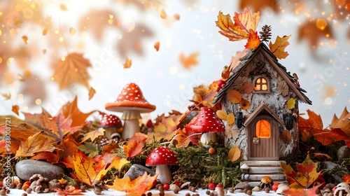 Whimsical Autumn Fairy House Surrounded by Colorful Leaves and Mushrooms