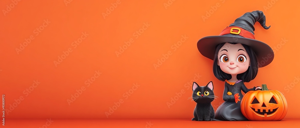 A cheerful witch with a black cat and a pumpkin, set against a bright orange background, perfect for Halloween-themed designs. A cheerful witch with a black cat and a pumpkin, set against a bright orange background, perfect for Halloween-themed designs.