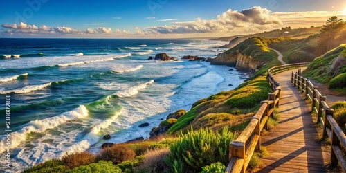 Serene ocean view with waves crashing against the shore, refreshing salty air filling the atmosphere, and a scenic walking path along the coastline. photo