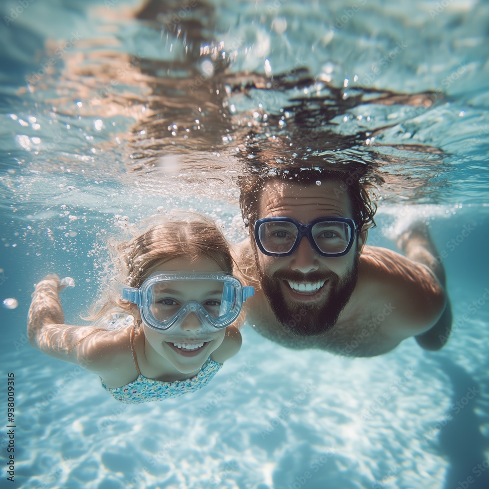 Naklejka premium Father and daughter swimming underwater