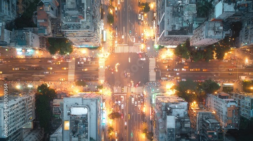 Aerial View of City Intersection at Night with Traffic and Buildings