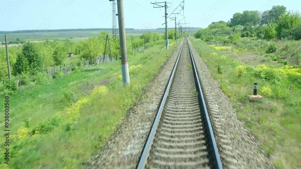 The railway tracks extend under a blue sky with clouds, framed by lush greenery for adventure The railway tracks extend under a blue sky with clouds, framed by lush greenery for adventure