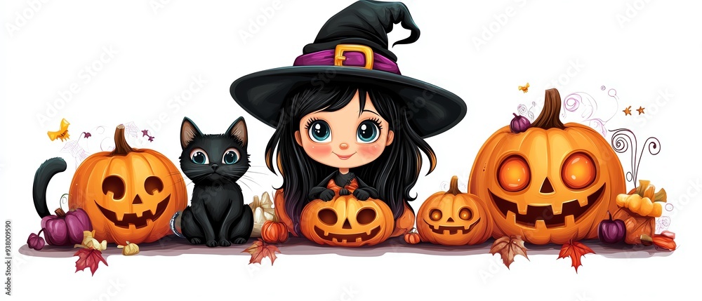A cute witch girl surrounded by smiling pumpkins and a black cat, perfect for Halloween-themed artwork and decorations. A cute witch girl surrounded by smiling pumpkins and a black cat, perfect for Halloween-themed artwork and decorations.