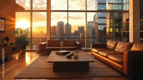 A warm  inviting living room with brown leather furniture and wooden accents  large windows revealing a sunset behind sleek glass buildings  the soft lighting creating a serene atmosphere with ample