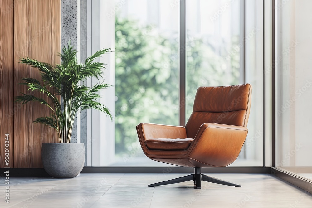 Fototapeta premium A contemporary interior scene featuring minimalist decor, large glass windows reflecting unsplash fractals, and a warm brown leather armchair, the scene accented by wooden trim and ample space on the