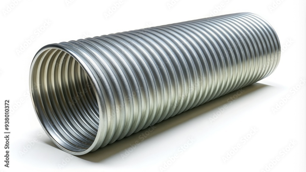 A corrugated metal pipe segment lies isolated on a white background, its ridged, galvanized surface reflecting light, with a subtle gradient and soft shadows. A corrugated metal pipe segment lies isolated on a white background, its ridged, galvanized surface reflecting light, with a subtle gradient and soft shadows.