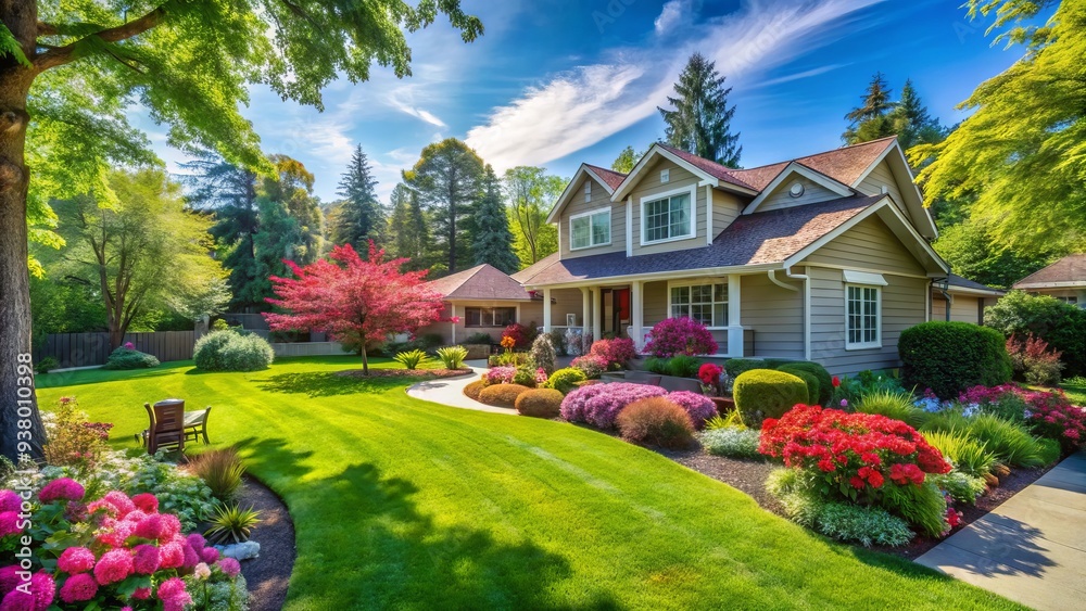 Serene suburban yard with lush green grass, vibrant flowers, and a sundrenched patio surrounded by mature trees, a tranquil oasis in a quiet neighborhood setting. Serene suburban yard with lush green grass, vibrant flowers, and a sundrenched patio surrounded by mature trees, a tranquil oasis in a quiet neighborhood setting.