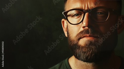 Sophisticated Portrait of an Adult Man with Glasses and a Beard, Exuding Intellectual Charm and Masculine Warmth.