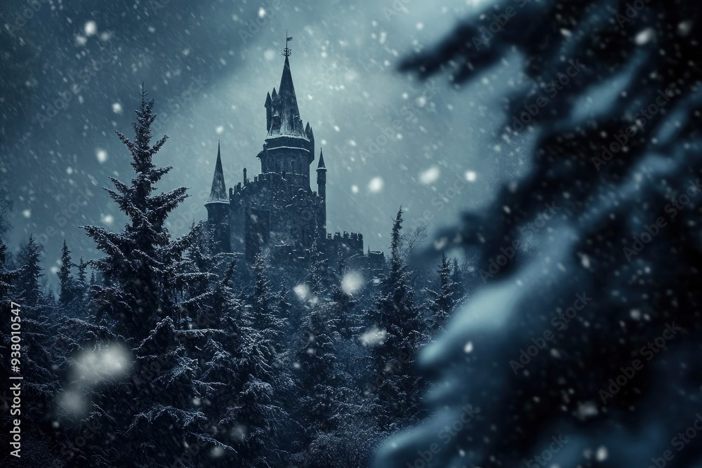 Dark creepy spooky nature, winter season pine trees and snowy landscape. Castle spire behind coniferous trees branches. Wintery cold weather wallpaper , ai Dark creepy spooky nature, winter season pine trees and snowy landscape. Castle spire behind coniferous trees branches. Wintery cold weather wallpaper , ai