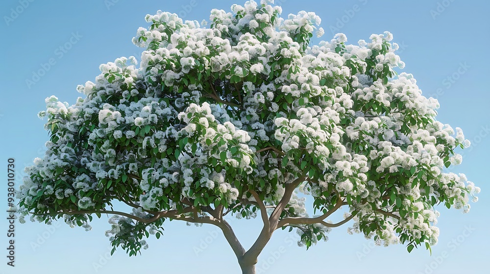 A lush tree in full bloom, showcasing vibrant flowers against a clear blue sky. A lush tree in full bloom, showcasing vibrant flowers against a clear blue sky.
