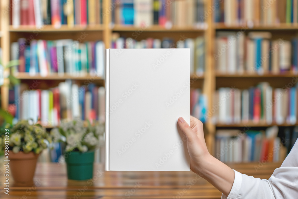 A close-up of a hand holding a book with a blank cover in a library setting. The background features bookshelves filled with colorful books. Mockup design, copy space text. A close-up of a hand holding a book with a blank cover in a library setting. The background features bookshelves filled with colorful books. Mockup design, copy space text.