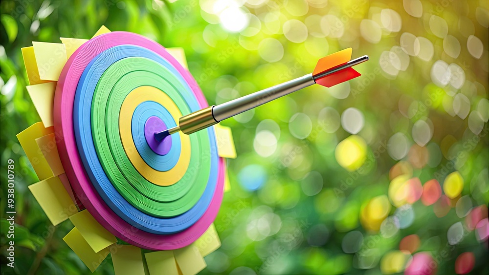 A creative business concept visualized as a 3D bullseye target with colorful sticky notes and a pen, on a blurred green background, conveying focus and achievement. A creative business concept visualized as a 3D bullseye target with colorful sticky notes and a pen, on a blurred green background, conveying focus and achievement.