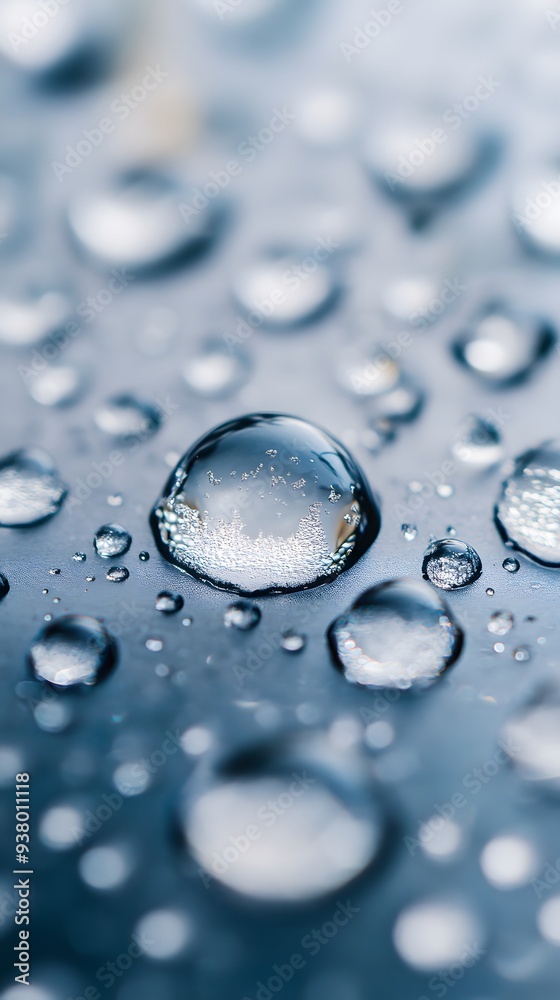 sparkling water droplets on a blue surface