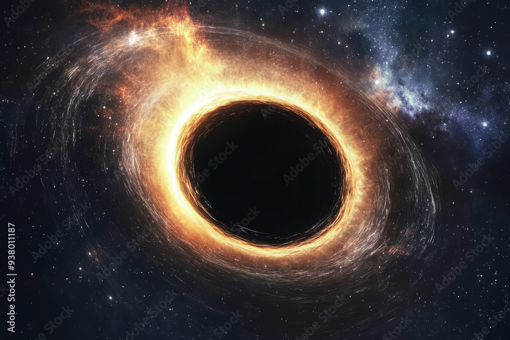 Supermassive black hole is warping fabric of spacetime in outer space. Wormhole illustration in universe Supermassive black hole is warping fabric of spacetime in outer space. Wormhole illustration in universe