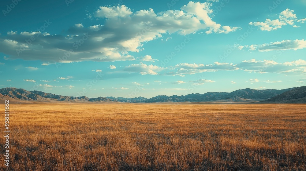 A vast, golden field stretches out under a blue sky with fluffy white clouds, mountains in the distance. A vast, golden field stretches out under a blue sky with fluffy white clouds, mountains in the distance.