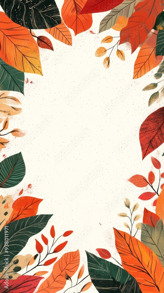 Fototapeta premium Decorative border of colorful autumn leaves is framing a white background with copy space. This illustration is ideal for fall, thanksgiving or harvest themes