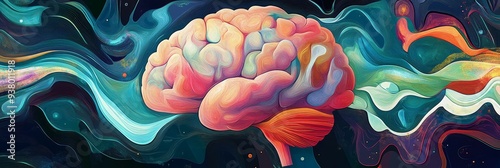 Abstract Brain in a Flowing Universe - The image depicts a human brain with colorful, swirling abstract patterns around it, representing the interconnectedness and complexity of thought and consciousn photo