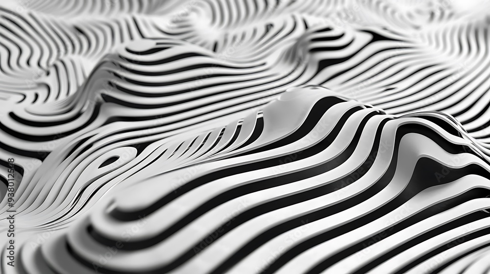 Abstract black and white wavy patterns resembling a textured landscape. Abstract black and white wavy patterns resembling a textured landscape.