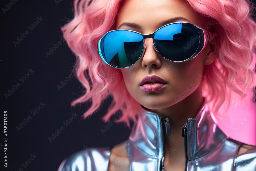 Futuristic fashion portrait photo of a beauty confident smart pink hair woman with neon lights.
Futuristic fashion portrait photo of a beauty confident smart pink hair woman with neon lights.