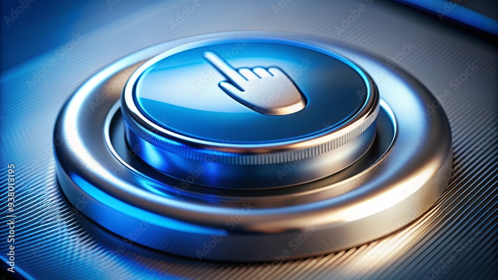 Shiny metallic rounded select button on a modern electronic device, silver and blue tones, blurred background, highlighting the click interaction and user experience. Shiny metallic rounded select button on a modern electronic device, silver and blue tones, blurred background, highlighting the click interaction and user experience.
