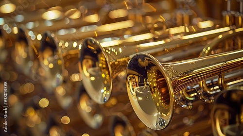 A collection of polished brass trumpets lined up neatly, each reflecting the ambient light beautifully. 32k, full ultra hd, high resolution photo