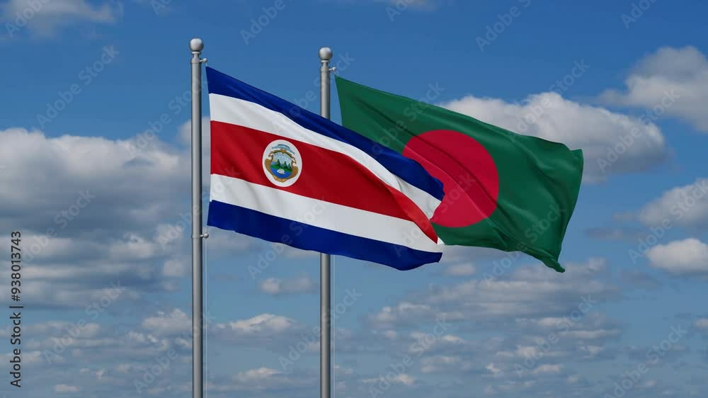 Bangladesh and Costa Rico flags flying together, video concept of the relationship, two country relations concept Bangladesh and Costa Rico flags flying together, video concept of the relationship, two country relations concept