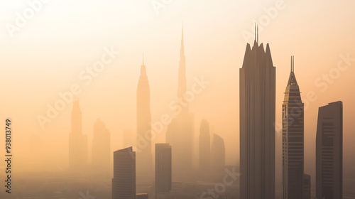 The aerial view of air pollution in big city with PM2.5, showing full of fine dust environment above skyscraper